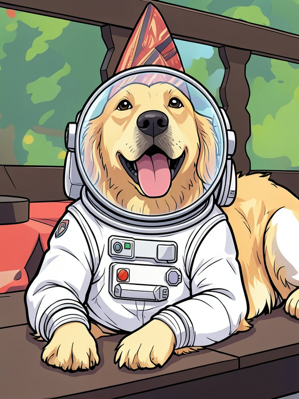 Beispielportrait: Hund im Kostüm Astronaut