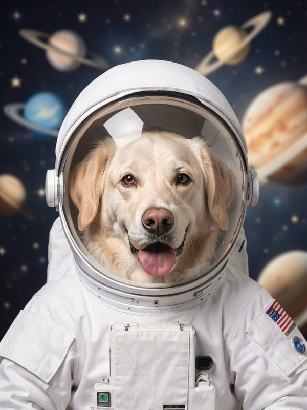 Beispielportrait: Hund im Kostüm Astronaut