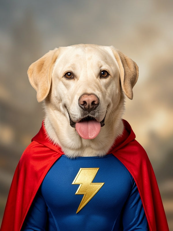 Beispielportrait: Hund im Kostüm Superheld