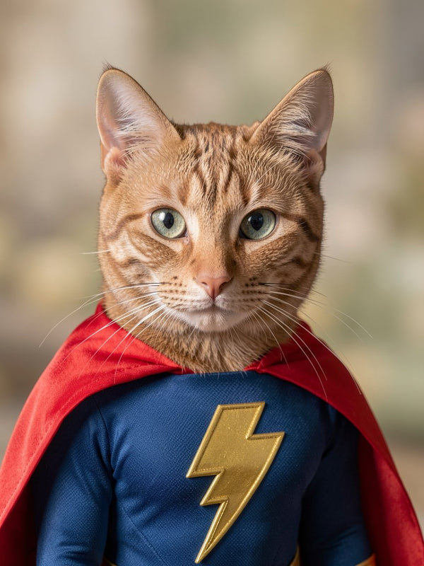 Beispielportrait: Katze im Kostüm Superheld